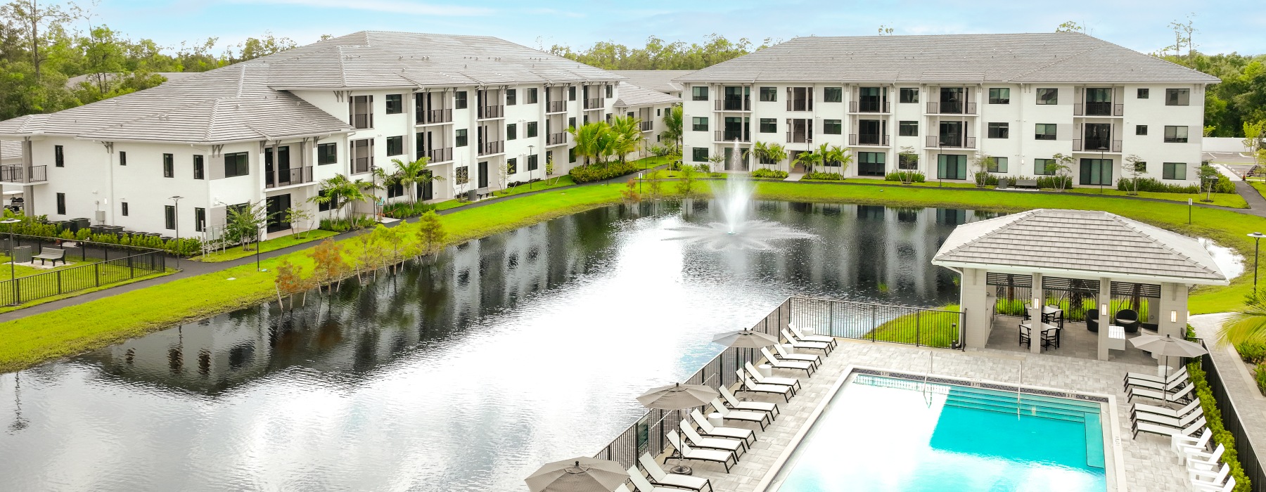 arial view of pool and lake views