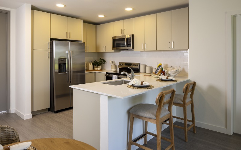 kitchen with stainless steel appliances and light wood cabinets